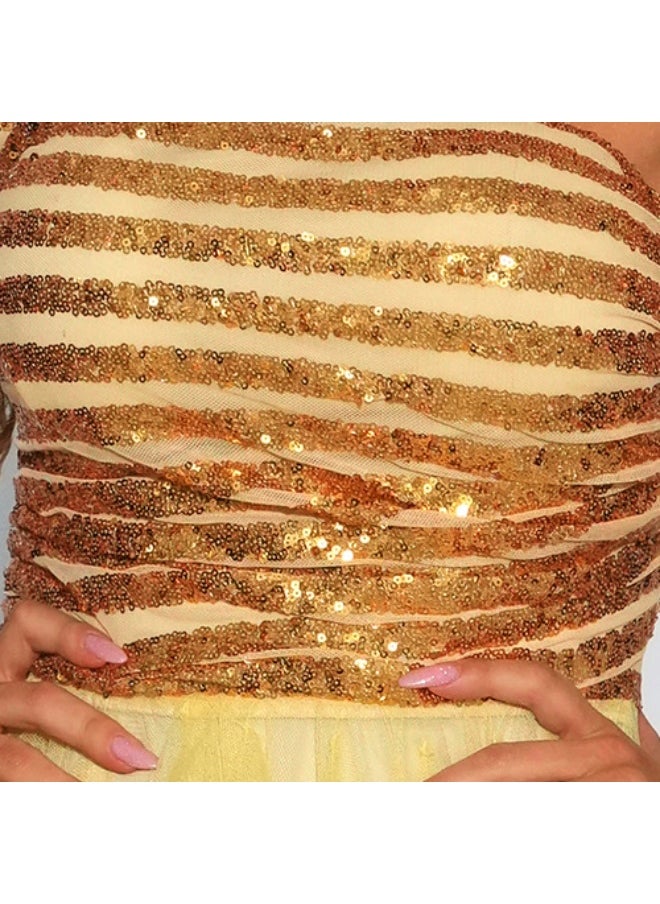 New Women's Yellow High-End Sleeveless Sequin Wrap Dress with Flared Skirt for Evening Parties