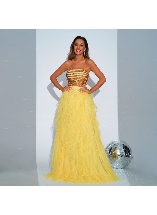 New Women's Yellow High-End Sleeveless Sequin Wrap Dress with Flared Skirt for Evening Parties