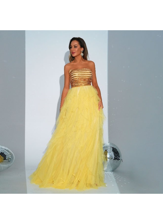 New Women's Yellow High-End Sleeveless Sequin Wrap Dress with Flared Skirt for Evening Parties