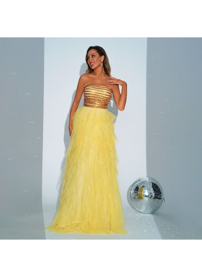 New Women's Yellow High-End Sleeveless Sequin Wrap Dress with Flared Skirt for Evening Parties