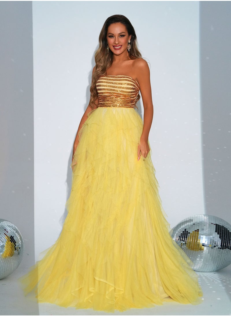 New Women's Yellow High-End Sleeveless Sequin Wrap Dress with Flared Skirt for Evening Parties