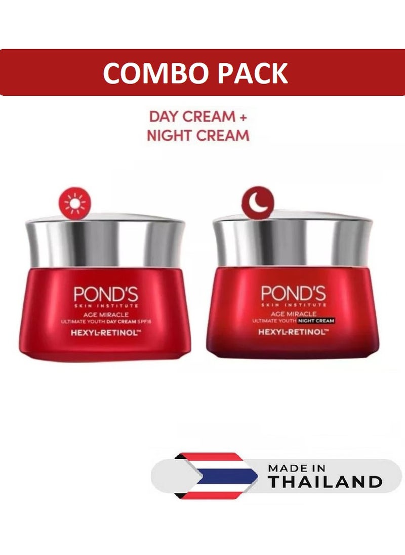 Pond's Age Miracle Ultimate Youth Hexyl Retinol Day Cream + Night Cream Fills Wrinkles Plumps Up Skin 45g X 2