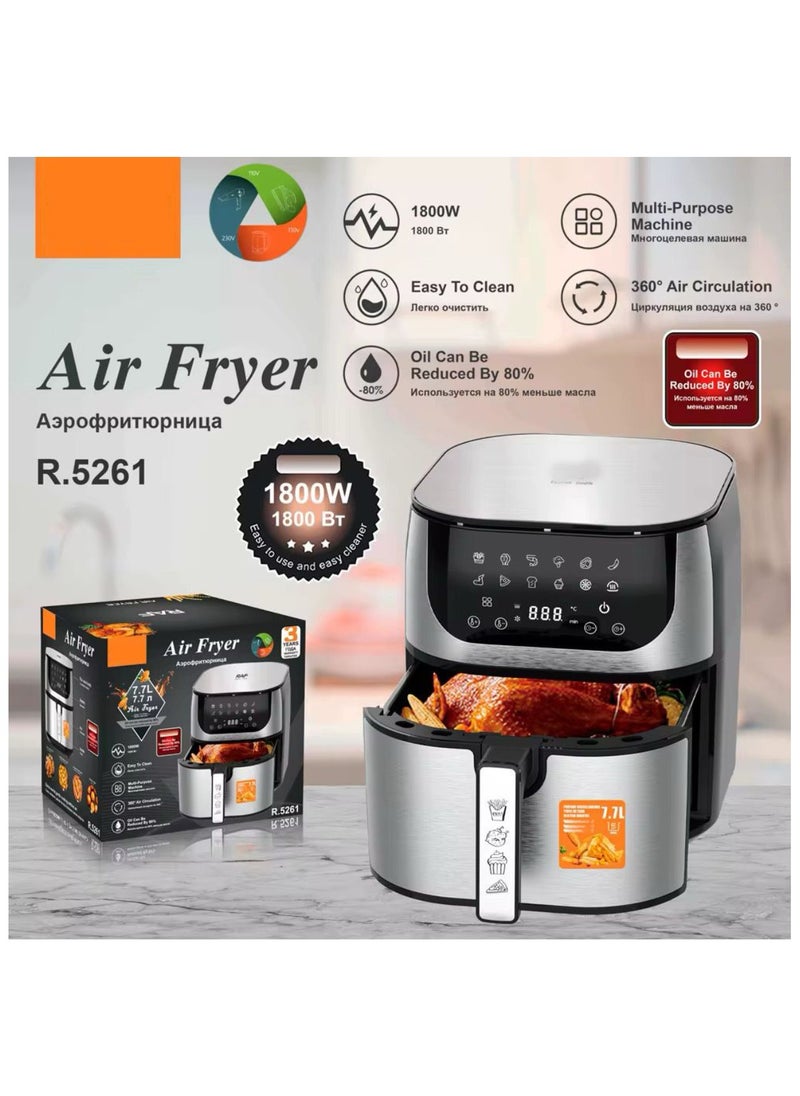 Digital Air Fryer, 7.7L Capacity, 1800W, 12 Presets, LED Touch Screen, Stainless Steel, Window View, Auto Shut-off