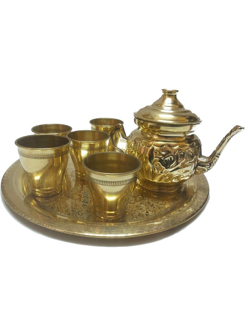 Copper tea set for ramadan decoration set of a pan and 5 cups of brass