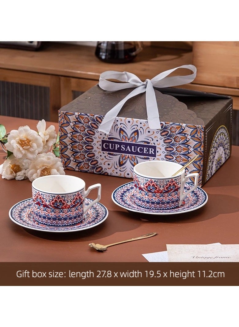 Luxury Ceramic Coffee Cup Set & Mug Gift Collection (2 Cups, 2 Saucers, 2 Petal-Shaped Golden Spoons) - Persian Garden Heritage, Fusion of Bohemian Spirit and Middle Eastern Craftsmanship, Premium Gift for Home, Office, and Gatherings