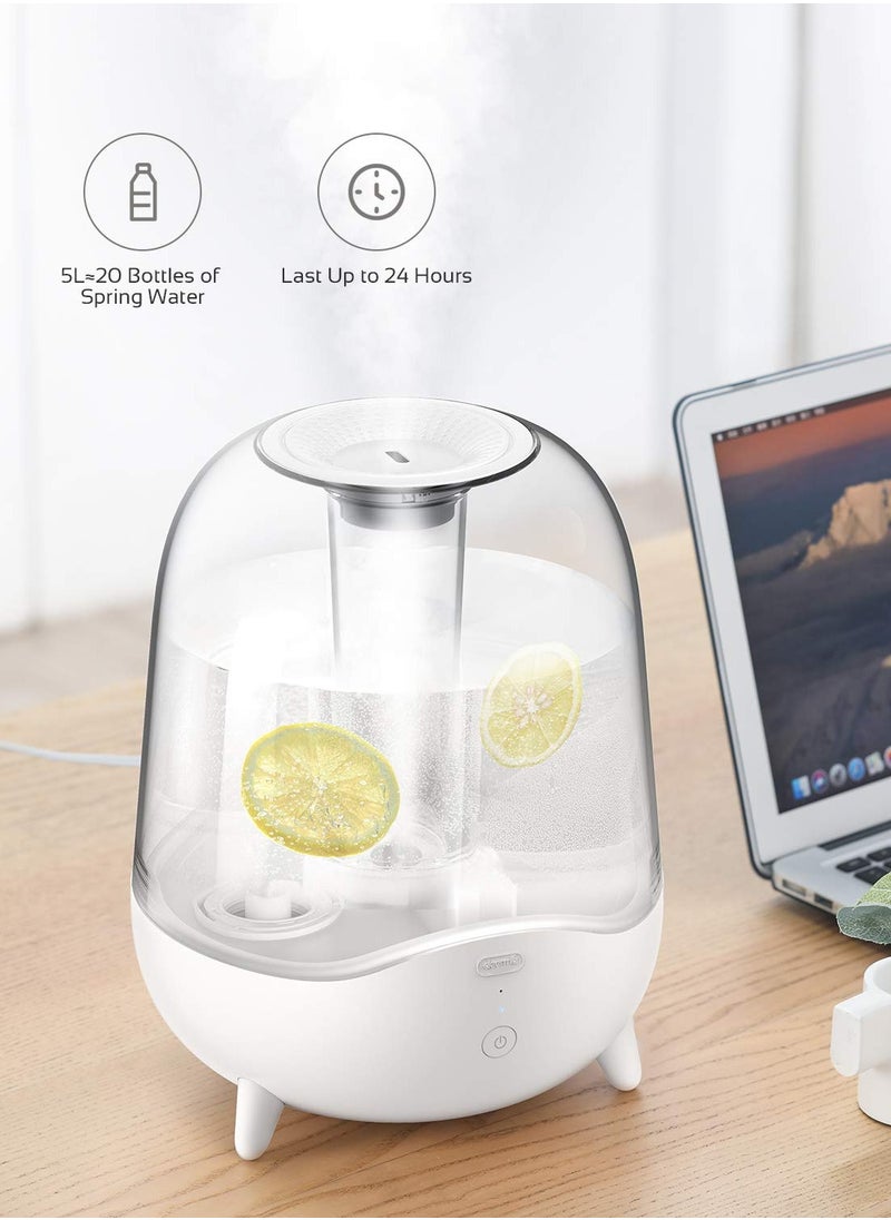 Crystal Clear Ultrasonic Cool Mist Humidifier 5L Capacity Silent Aromatherapy Diffuser Transparent Water Tank |Water Mist System | 5W Power | Water Shortage Protection | 36dB - White