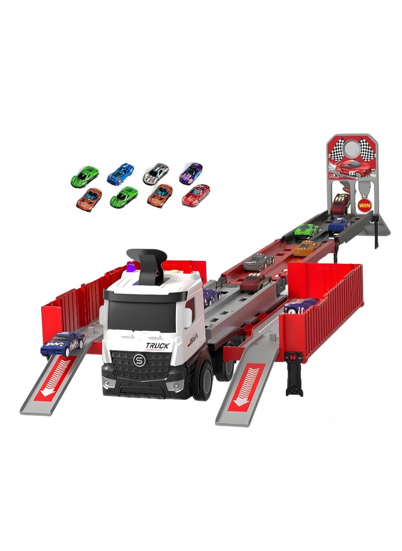 Race Car Track Toy Truck Toy with Slots & Foldable Race Transport Car with Music And Light Carrier Toy for Toddlers Cars Toy Set with 1 Truck And 8 Race Cars Vehicles Toy Set for 3+ Kids Boys Girls