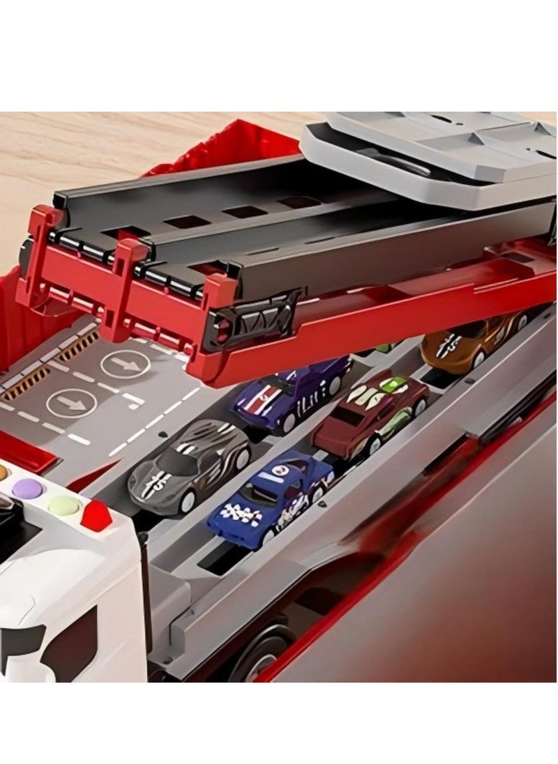 Race Car Track Toy Truck Toy with Slots & Foldable Race Transport Car with Music And Light Carrier Toy for Toddlers Cars Toy Set with 1 Truck And 8 Race Cars Vehicles Toy Set for 3+ Kids Boys Girls