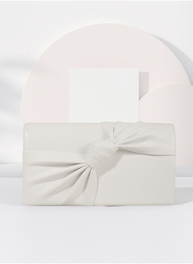 Ladies Popular Simple Wrinkled Bow, Beige White Clutch Purses, Apricot Women’s Handbag, Dinner Clutch for Party Meeting and Wedding, Fashionable Luxury designer