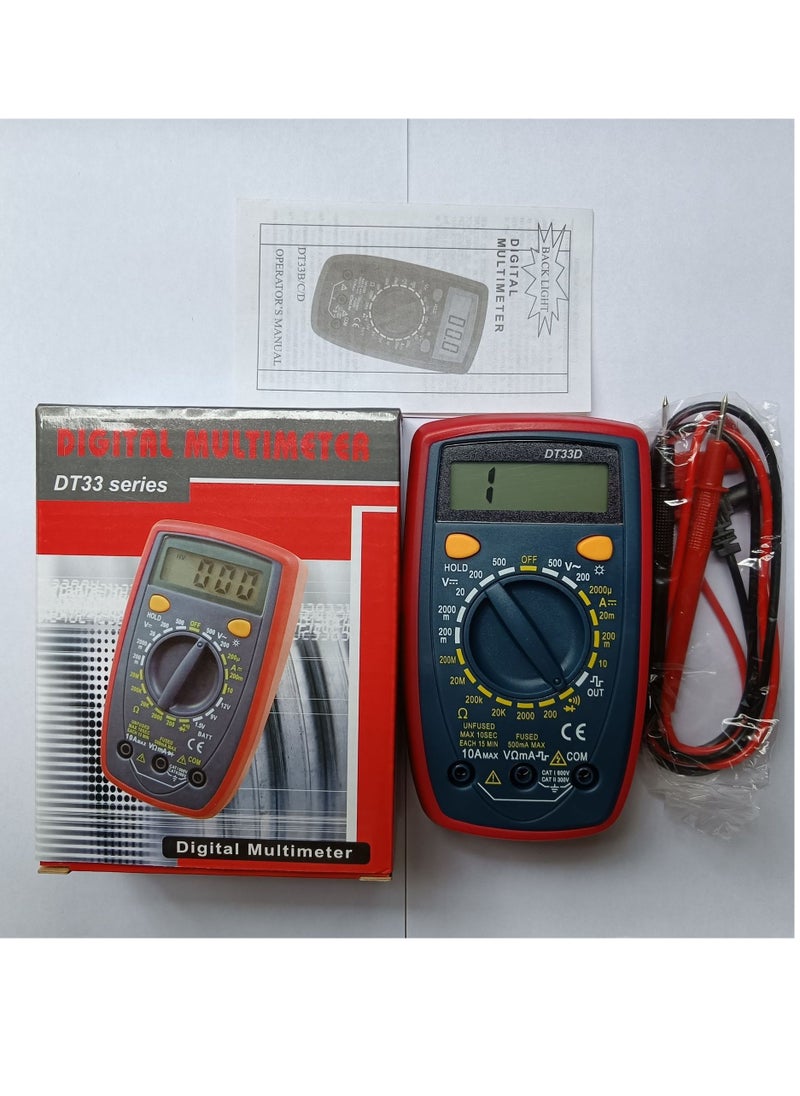 Digital Multimeter DT33D | Blue Backlight, With Square Wave Signal Output | AC/DC Voltage, Current, Resistance Measurement | 9V Battery