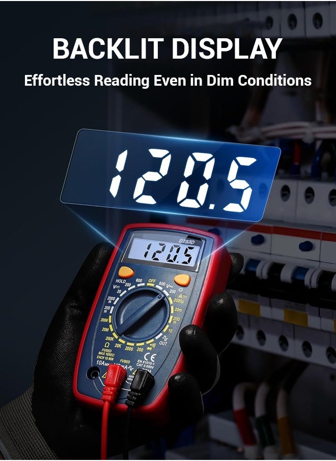 Digital Multimeter DT33D | Blue Backlight, With Square Wave Signal Output | AC/DC Voltage, Current, Resistance Measurement | 9V Battery