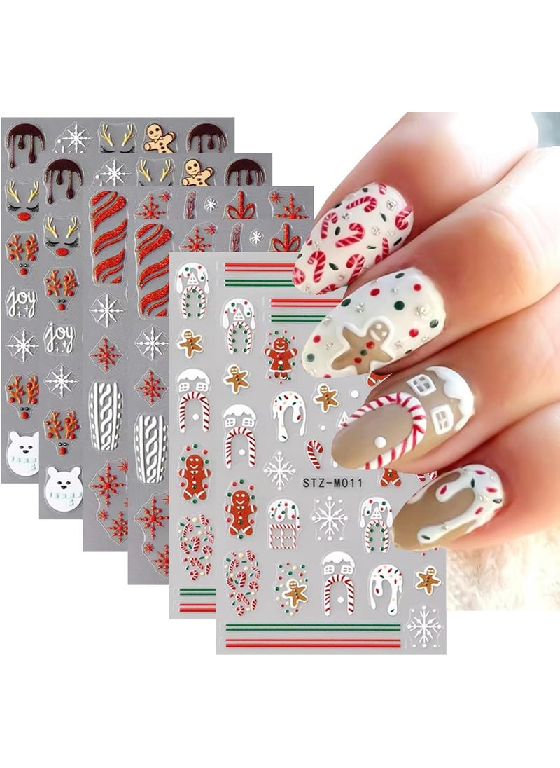 Christmas Nail Stickers,Cartoon Xmas with Cute Gingerbread Man Snowflake Candy Crutch Snowflake Gift Bow Elk French Glitter Design Self-Adhesive Decals for Nails Winter Manicure Decoration 6Sheets