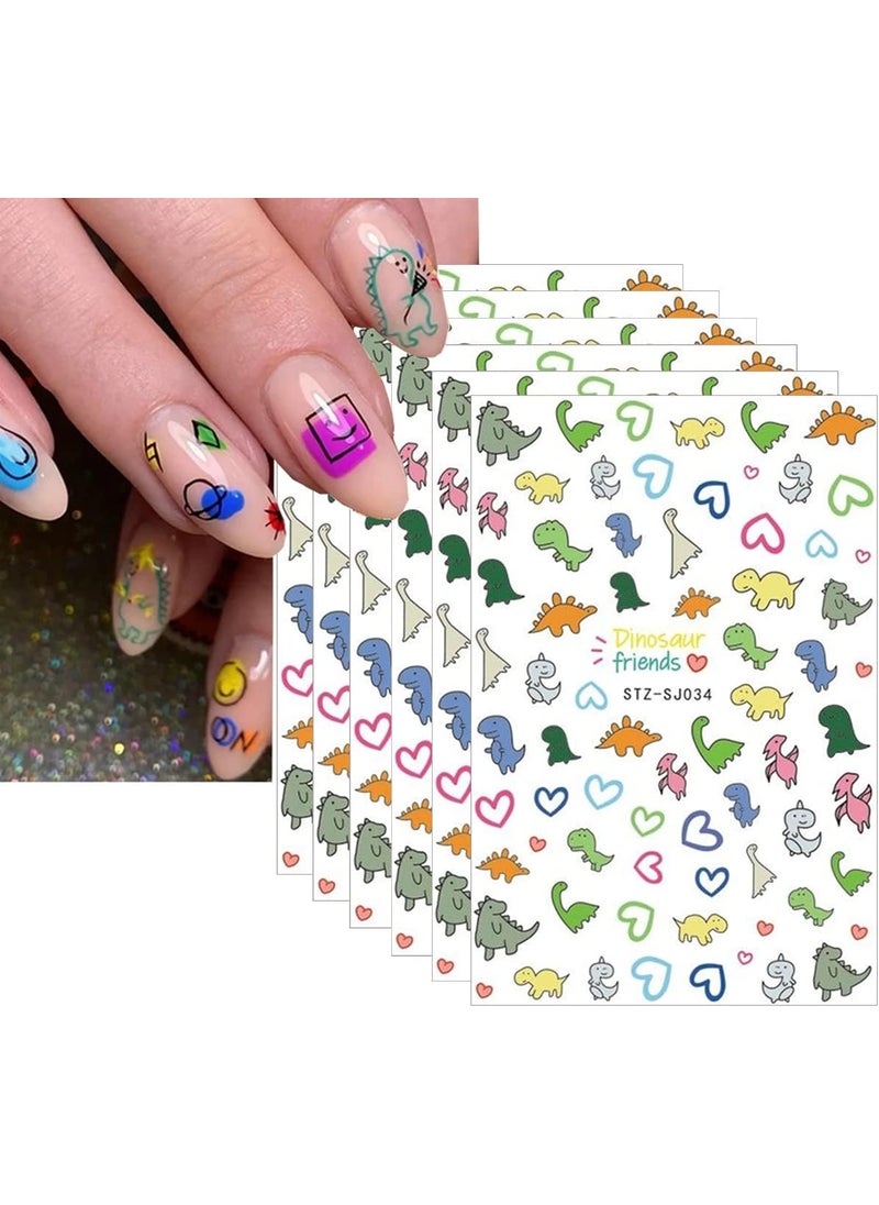 6 Sheets Cute Dinosaur Nail Stickers 3D Cartoon Self-Adhesive Nail Decal Nail Art Supplies Cute Little Dinosaur Design Nail Sliders Heart Decals for Women Girls Manicure Decoration Accessories