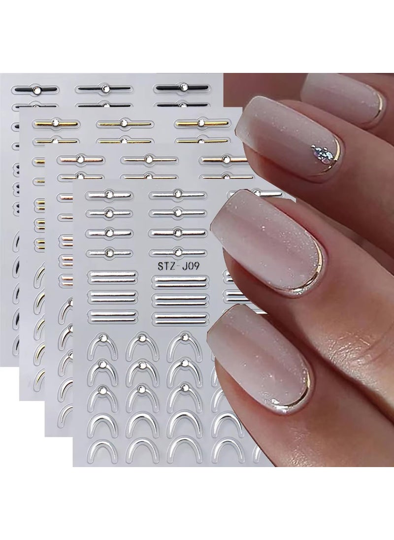 4 Sheets French Stripe Line Nail Stickers with Gold Silver Shiny Crystal Rhinestones,Metallic Stripe Lines Adhesive Design Nail Supplies French Sticker for Women Girls Luxury Manicure Decorations