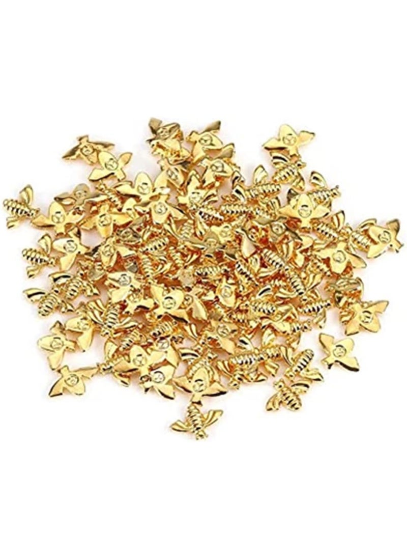 Metal Nail Decoration, 2 Colors 100pcs/Bag Metal Bees 3D Nail Decoration Metal Stick Gold Silver Nail Decals Manicure (Gold)