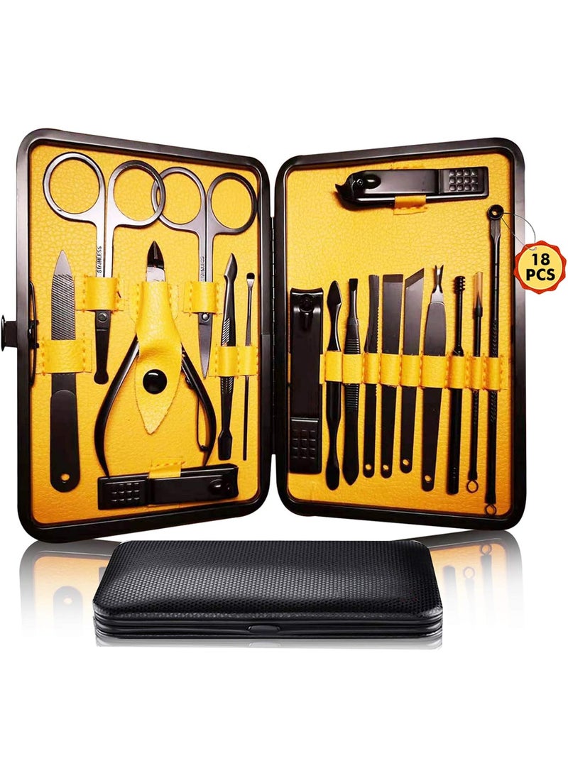 Manicure Pedicure Kit Nail Clippers Set 18 in 1 High Precision Stainless Steel Cutter File Sharp Scissors for Men & Women Fingernails & Toenails Vibrissac Scissors with Stylish Case (Yellow_18in1)