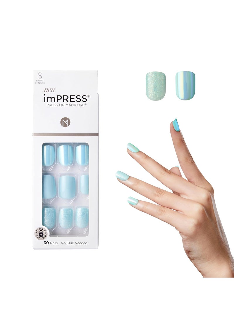 KISS imPRESS No Glue Mani Press On Nails, Design, 'Rain Check', Blue, Short Size, Squoval Shape, Includes 30 Nails, Prep Pad, Instructions Sheet, 1 Manicure Stick, 1 Mini File