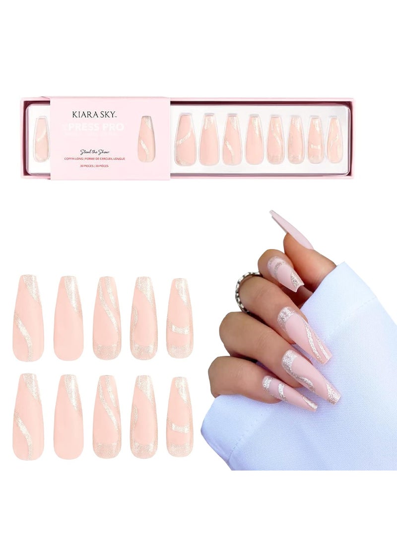 Kiara Sky XPRESS PRO 100% Acrylic Press On Nails - Instant Salon Quality Manicure, Long-Lasting, Easy Application, 30 Pieces Kit, Coffin Long-Steal The Show