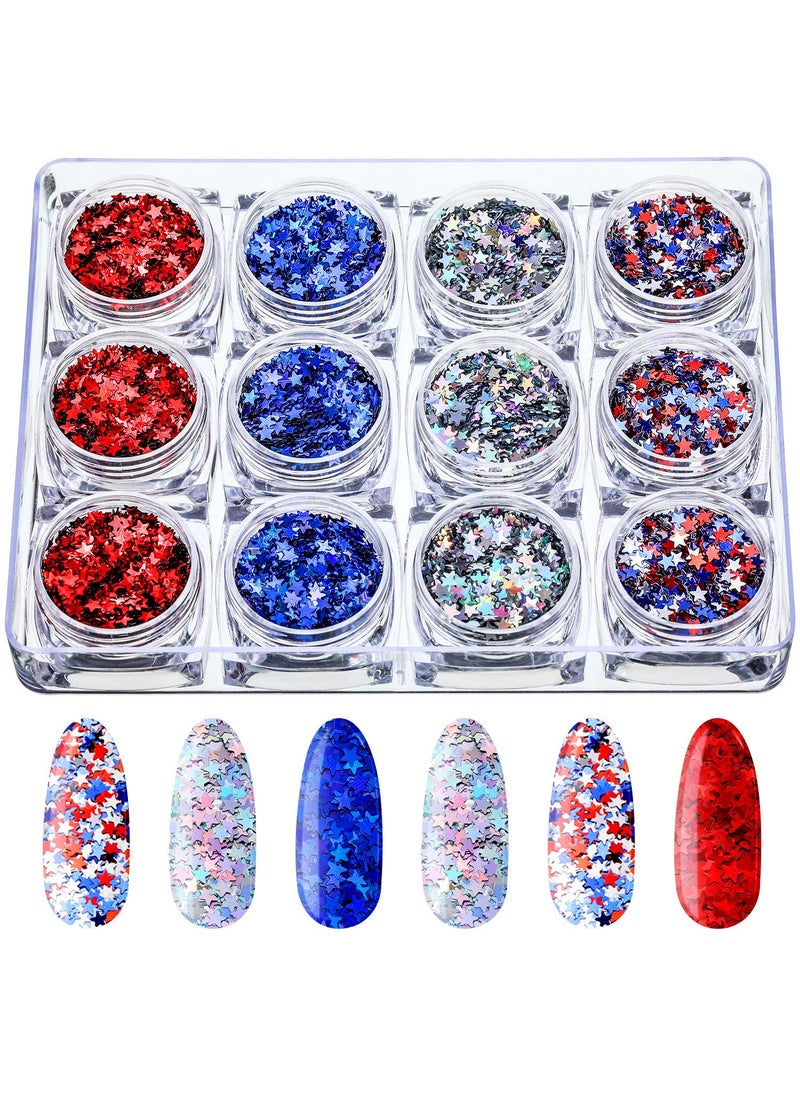 12 Boxes 4th of July Star Nail Art Sequins Glitter Nail Art Confetti Star Shaped Manicure Decorations for Nails Art Eye Face Body Decorations DIY Crafts