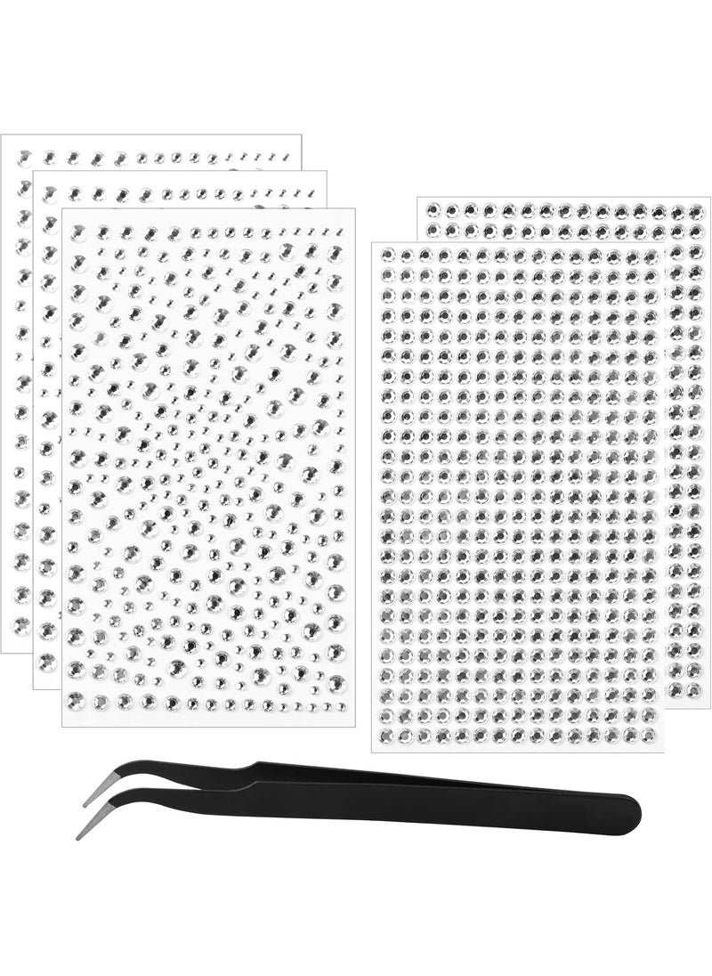 Nail Art Rhinestones 1725pcs Crystal Gem Stickers Jewels for Nails, Crafts, 4 Sizes Flat Back Round Self Adhesive Bling Jewels Stickers with Tweezer for Phone Case, Earrings, DIY(5 Sheets)