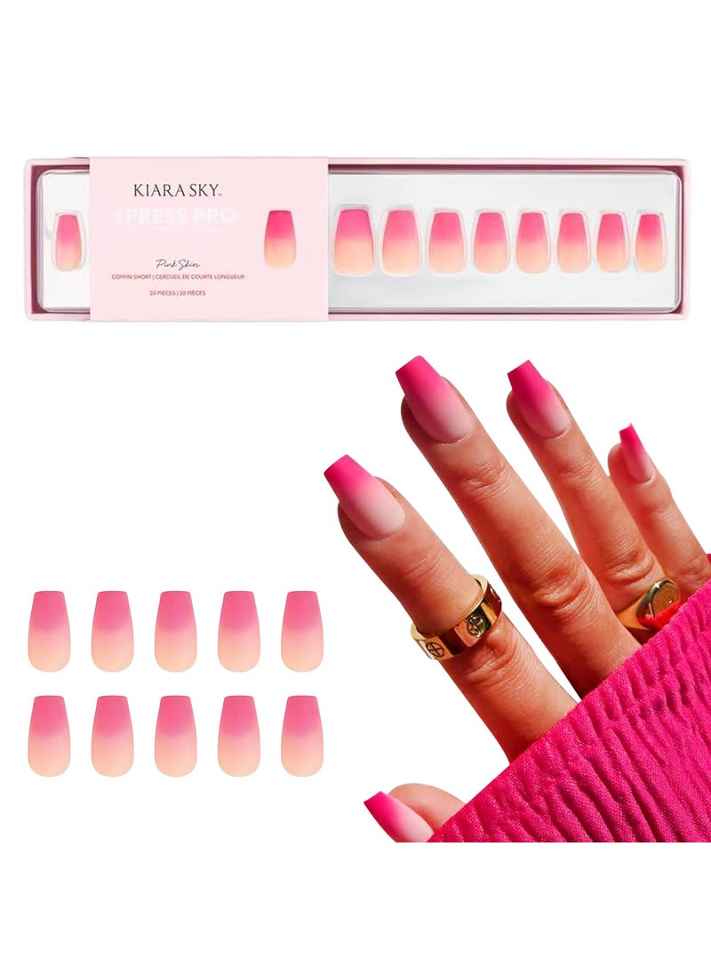 Kiara Sky XPRESS PRO 100% Acrylic Press On Nails - Instant Salon Quality Manicure, Long-Lasting, Easy Application, 30 Pieces Kit, Coffin Short-Pink Skies
