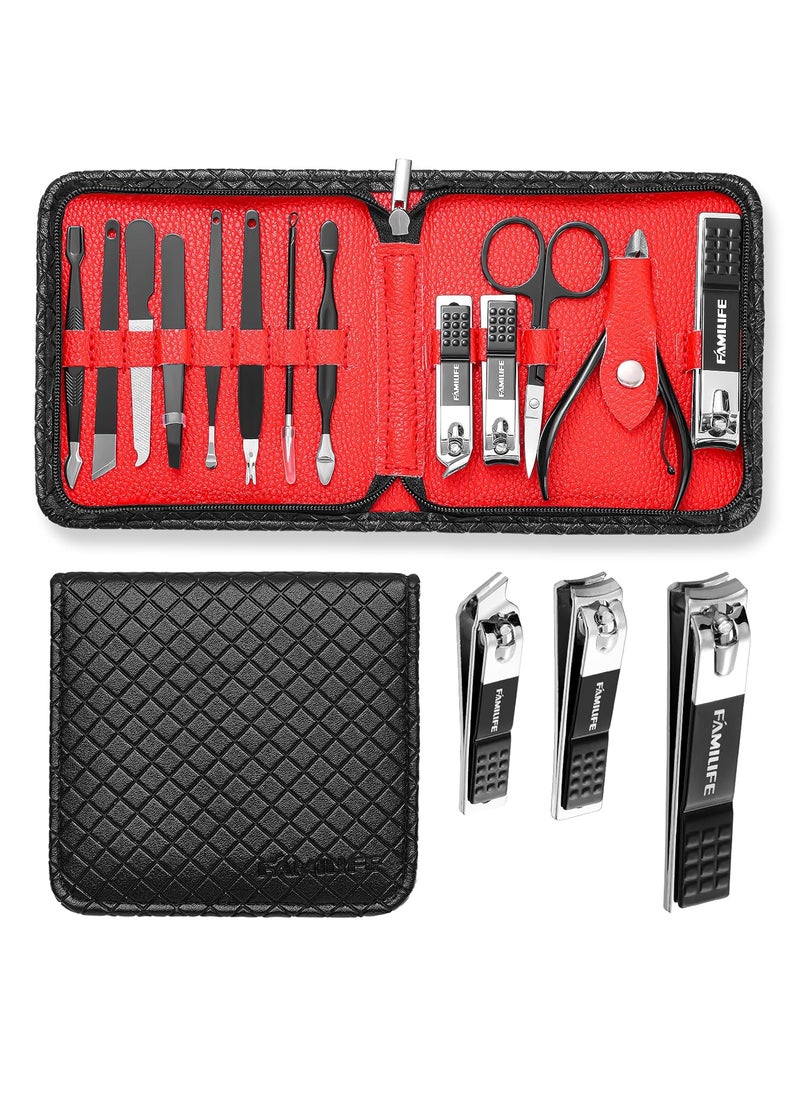 FAMILIFE Nail Kit, Professional Manicure Set Manicure Kit Nail Clipper Set, 13 in 1 Stainless Steel Pedicure Sets Clipper Tool, Men Grooming Tool with Portable Black Leather Travel Case for Him