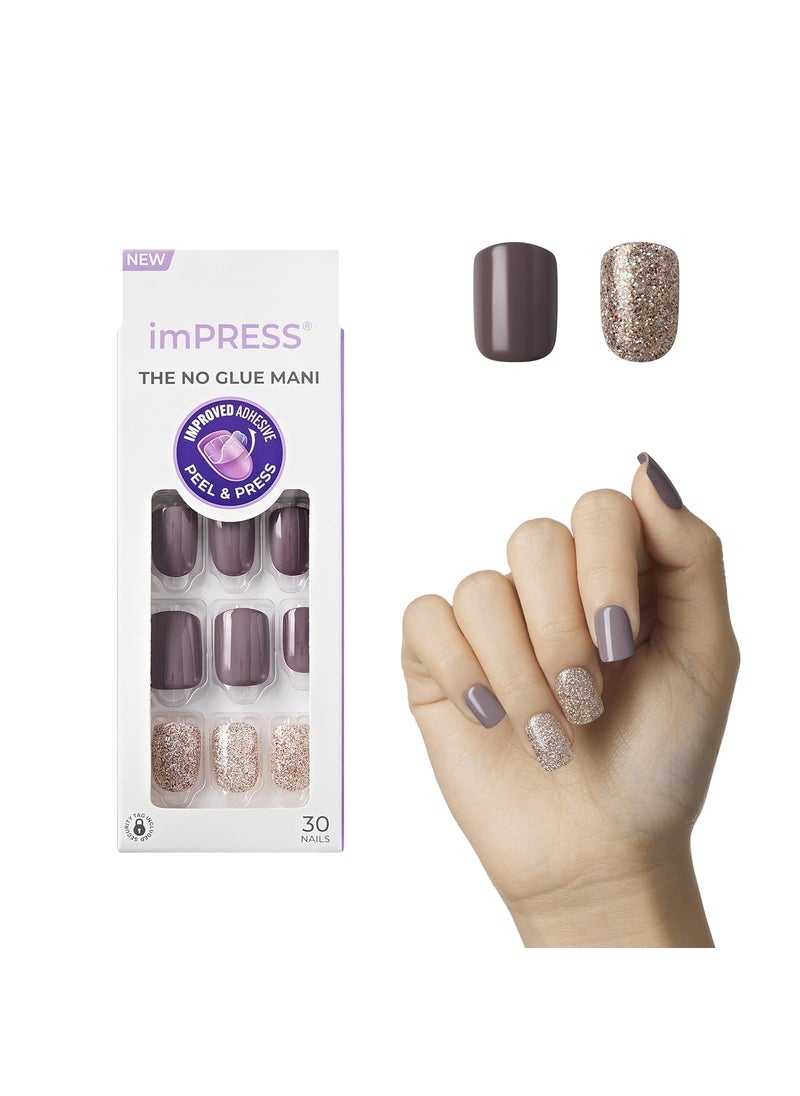 KISS imPRESS Press-On Manicure, Nail Kit, PureFit Technology, Short Press-On Nails, Square, 'Flawless', Includes Prep Pad, Mini Nail File, Cuticle Stick, and 30 Fake Nails Purple and Silver