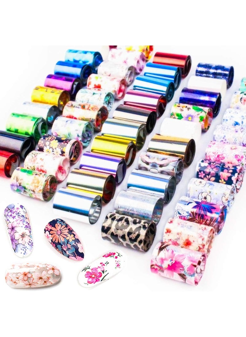 SILPECWEE 50 Sheets Foil Nail Art Transfer Stickers Tips Laser Flower Marbling Solid Color Nail Wraps Decals Starry Sky Star Manicure DIY Tools
