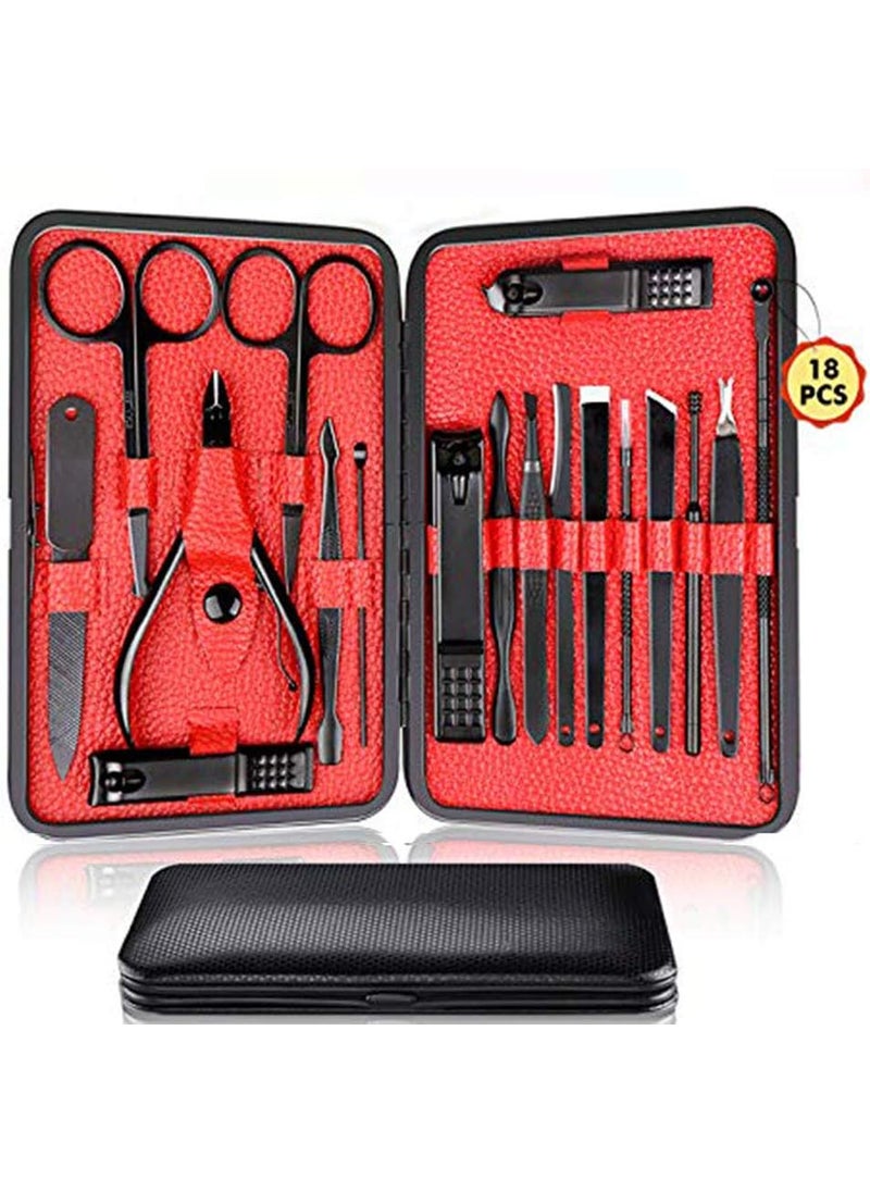 Manicure Pedicure Kit Nail Clippers Set 18 in 1 High Precision Stainless Steel Cutter File Sharp Scissors for Men & Women Fingernails & Toenails Vibrissac Scissors with Stylish Case (Red_18in1)