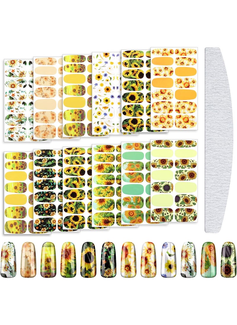 168 Pieces Sunflower Nail Stickers Floral Flower Nail Stickers 12 Sheets Sunflower Self Adhesive Nail Decals Nail Supplies Summer Nails Stickers with Nail File for Women DIY Nail Decoration