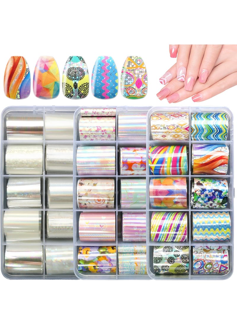 AddFavor 30 Roll Nail Foil Transfer Sheets Holographic Colorful Flower Geometric Nail Foil Decals AB Iridescent Nail Art Stickers for Women Girls Manicure Design