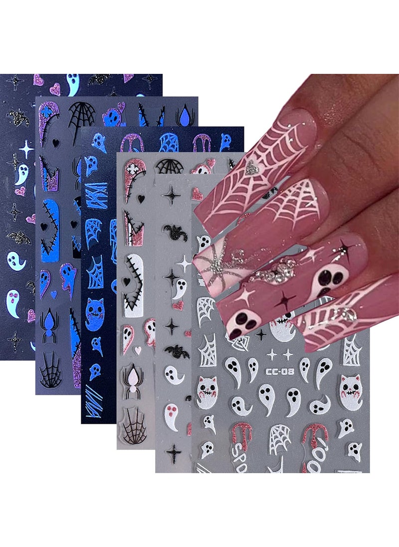 6Sheets Halloween Ghost Luminous Nail Sticker Decals 3D Self-Adhesive Glow in The Dark Halloween Nail Art Stickers Spider Web Bat Pink Glitters Nail Design Halloween Nail Supplies for Women and Girls