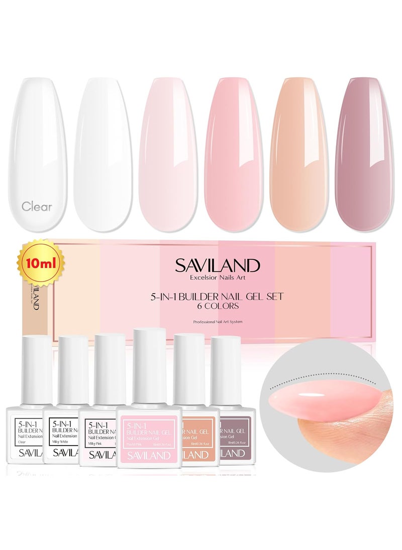 SAVILAND 10 ML Builder Nail Gel Set - 6 Colors 5 in 1 Clear Milky Pink Nudes Gel Builder in A Bottle Nails Extension Strengthener Gel for Thin and Damaged Nails Hard Gel Kit as Gift for Women
