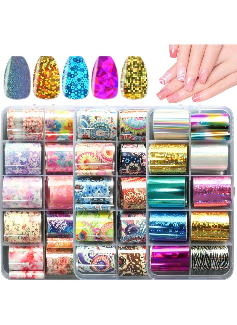 AddFavor 30 Roll Transfer Nail Foil Sticker Mandala Flower Printed Nail Foil Transfer Sheets Holographic Silver Golds Colorful Decals Nail Art Sticker for Women Girls