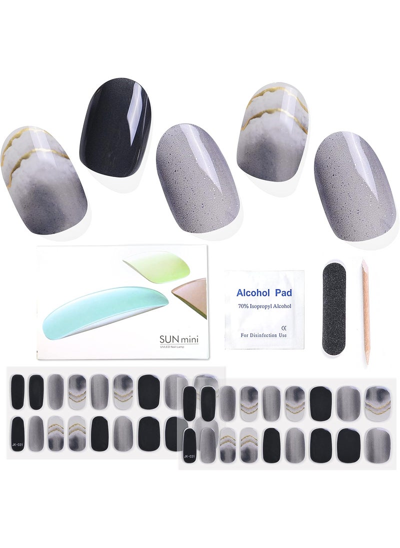KING HORSE Semi Cured Gel Nail Stickers Long Lasting Nail Polish Wraps Salon-Quality Semi-Cured Gel Nail Strips UV Lamp Required Semicured Gel Nail Wraps for Women (36PCS+F6, K031 UV light)