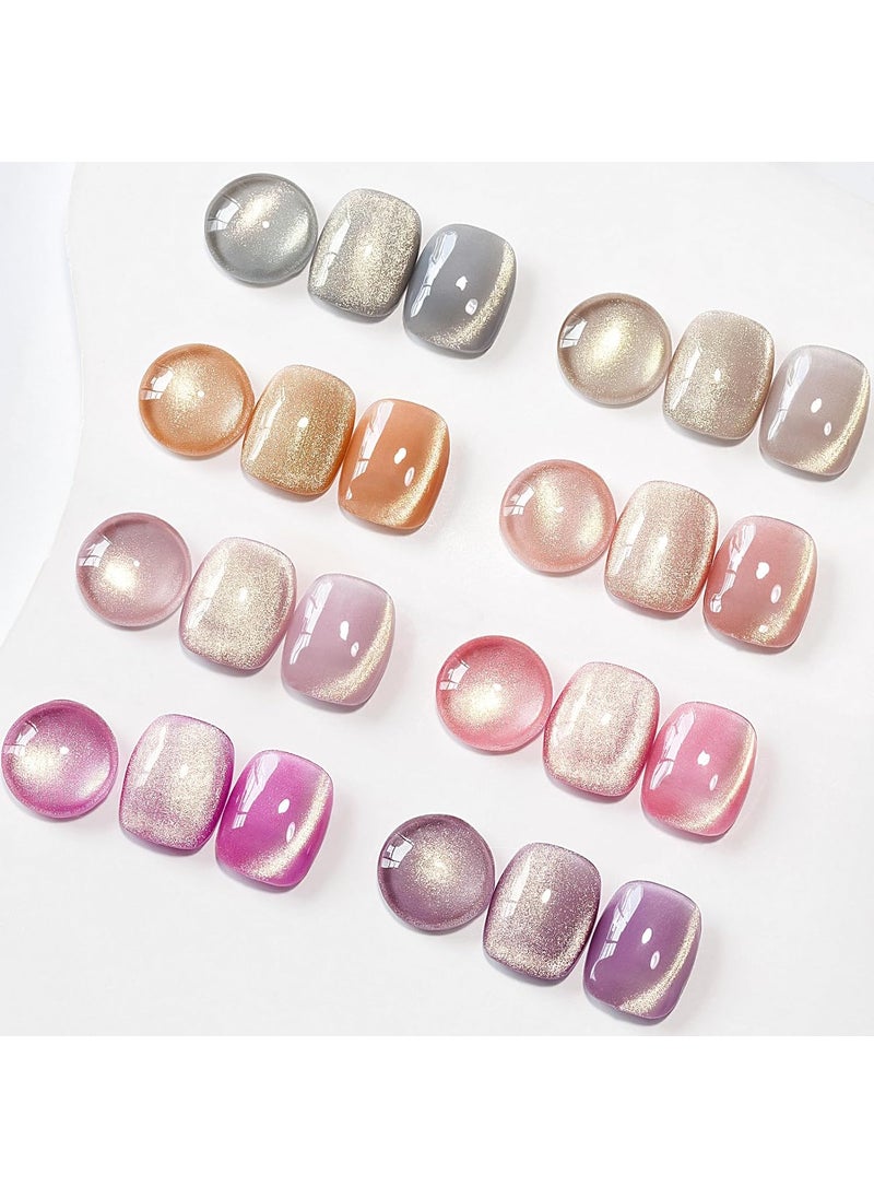 MIZHSE Cat Eye Gel Nail Polish, 8 Colors Glass Magnetic Gel Polish Set with Magnet Stick, Crystal Jelly Pink Purple Colors with Gradual Gold Cat Eye Effect Nail Polish Soak Off Nail Art Gift for Women