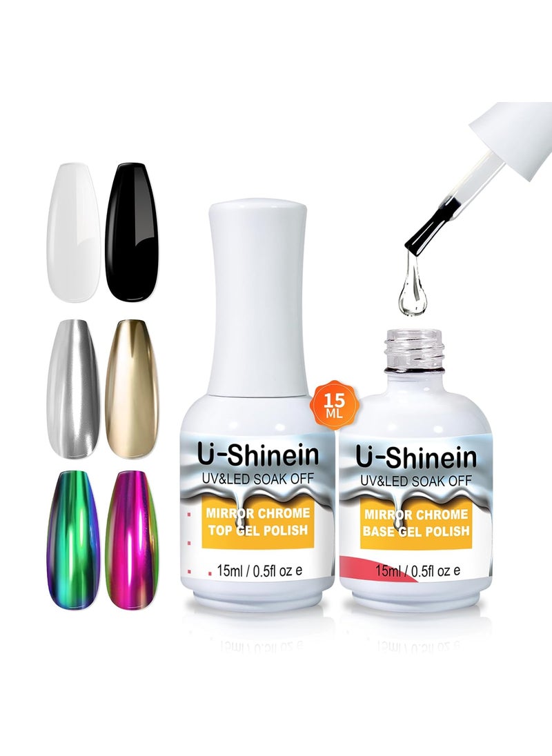 15ml Top Coat and Base Coat Set for Metallic Painting Gel, No Wipe Clear Top and Base Gel Polish for Metallic Gel Nail Polish, Chrome Nail Powder, Mirror Nail Gel, Mirror Chrome Effect