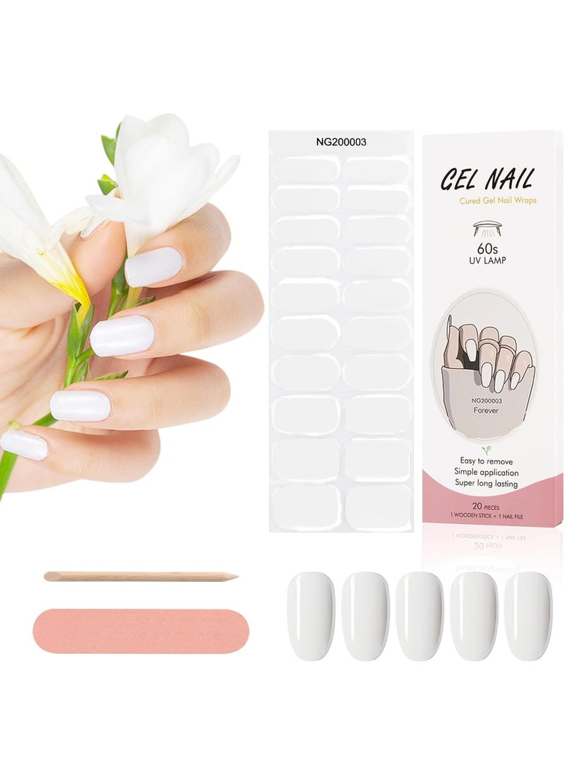 Kalolary Gel Sticker Decals, 20pcs White Waterproof Nail Wraps with File & Stick, Semi Cured Real Gel Polish Art Strips for Manicure (UV/LED Lamp Required)