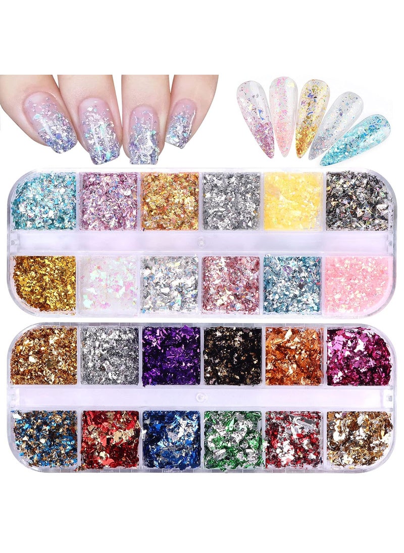 24 Grid Holographic Nail Art Foil Flakes, EBANKU Nail Foil Flakes Glitter Nail Sequins Confetti Gold Silver Irregular Glitter Mirror Effect Acrylic Nail Powders Nail Foil Paillette for Nail Decoration
