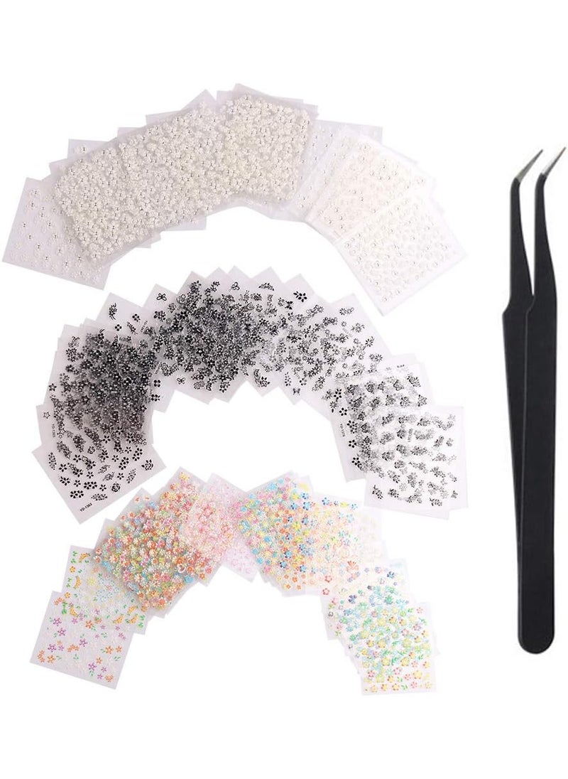 WOKOTO 90Pcs Self-Adhesive 3D Design Nail Art Sticker Colorful White Black Flower Fingernail Decals Nail Art Decoration Decals with 1 Pcs Anti-Static Tweezers