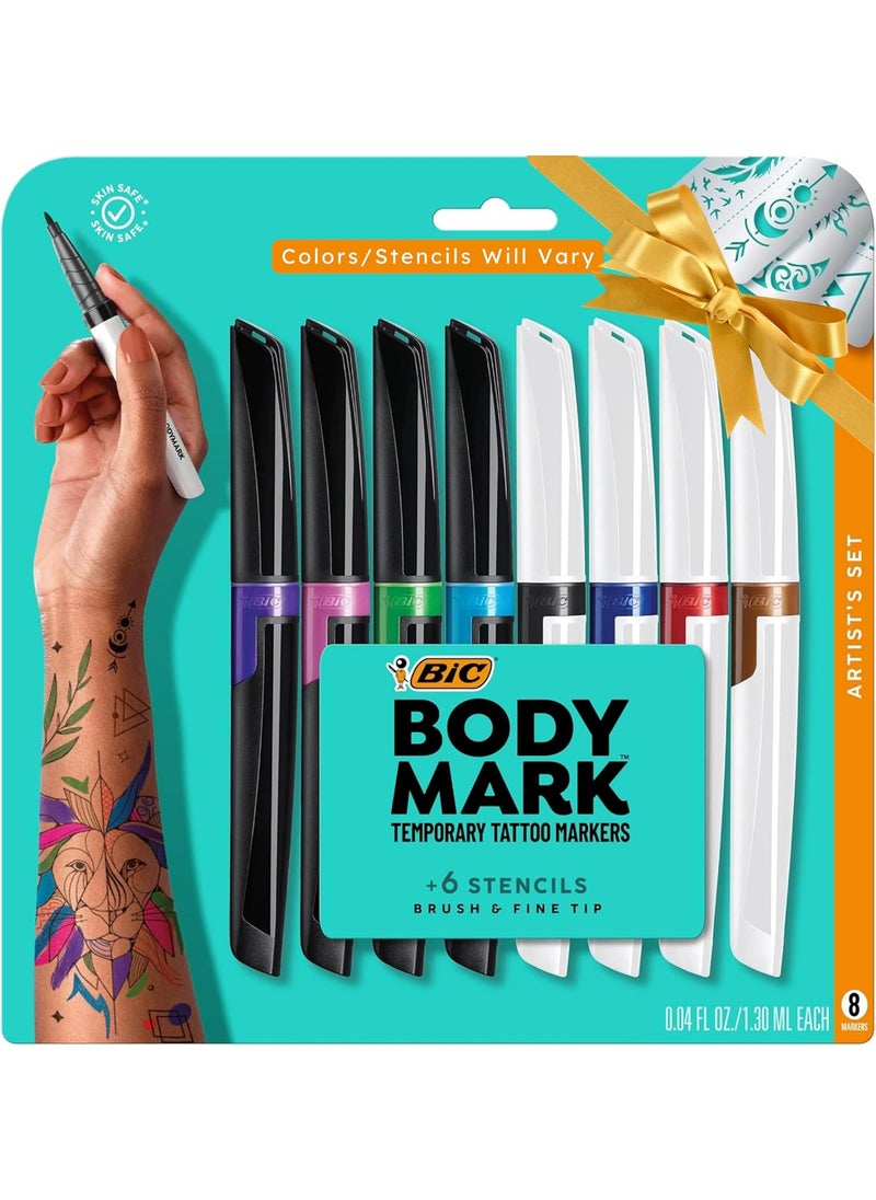 BIC BodyMark Temporary Tattoo Markers for Skin, Color Collection, Flexible Brush Tip, Assorted Colors, Skin-Safe, Cosmetic Quality (Pack of 6, 48 Count Total)