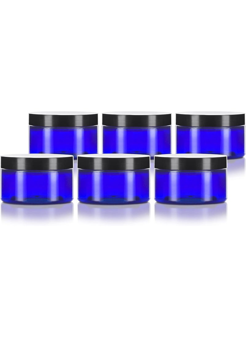 JUVITUS 2 oz Cobalt Blue Heavy Wall Plastic Refillable Low Profile Jar with Black Smooth Lid (6 pack)
