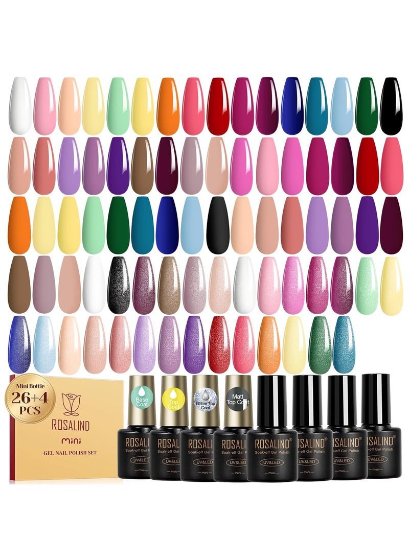ROSALIND 30pcs Gel Nail Polish Set, 26 Colors Gel Polish with 4Pcs Base and Glossy Matte Glitter Top Coat All Seasons Nude Blue Red Nails art Kit DIY Salon at Home