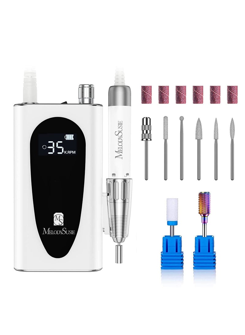 MelodySusie 35000RPM MM400C Nail Drill Professional, Rechargeable Cordless Nail Drill Machine Portable Efile for Acrylic Gel Nails Remove, 8Pcs Nail Drill Bits, Low Noise Low Heat, Sparkle Plus, White
