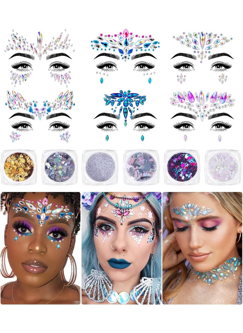 iMethod Face Jewels and Body Glitter - Face Gems, Mermaid Face Jewels Stick On, Holographic Cosmetic Face Glitter, for Festival Holiday Costumes & Halloween Alien Makeup, 12 Pcs