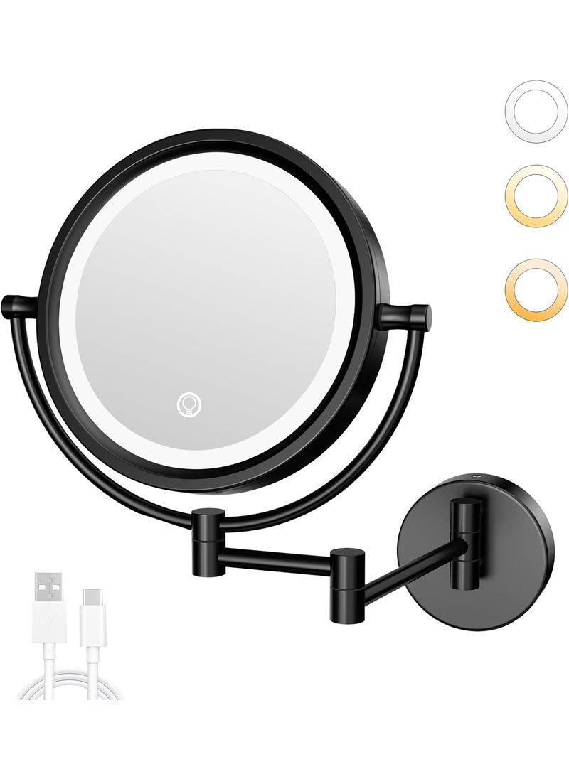 GURUN 10X Magnifying Makeup Mirror with Light - Wall Mounted Dimmable LED Mirror, 3 Color Modes Touch Screen, Rechargeable Brass Cosmetic Mirror with Adjustable Arm (Black)