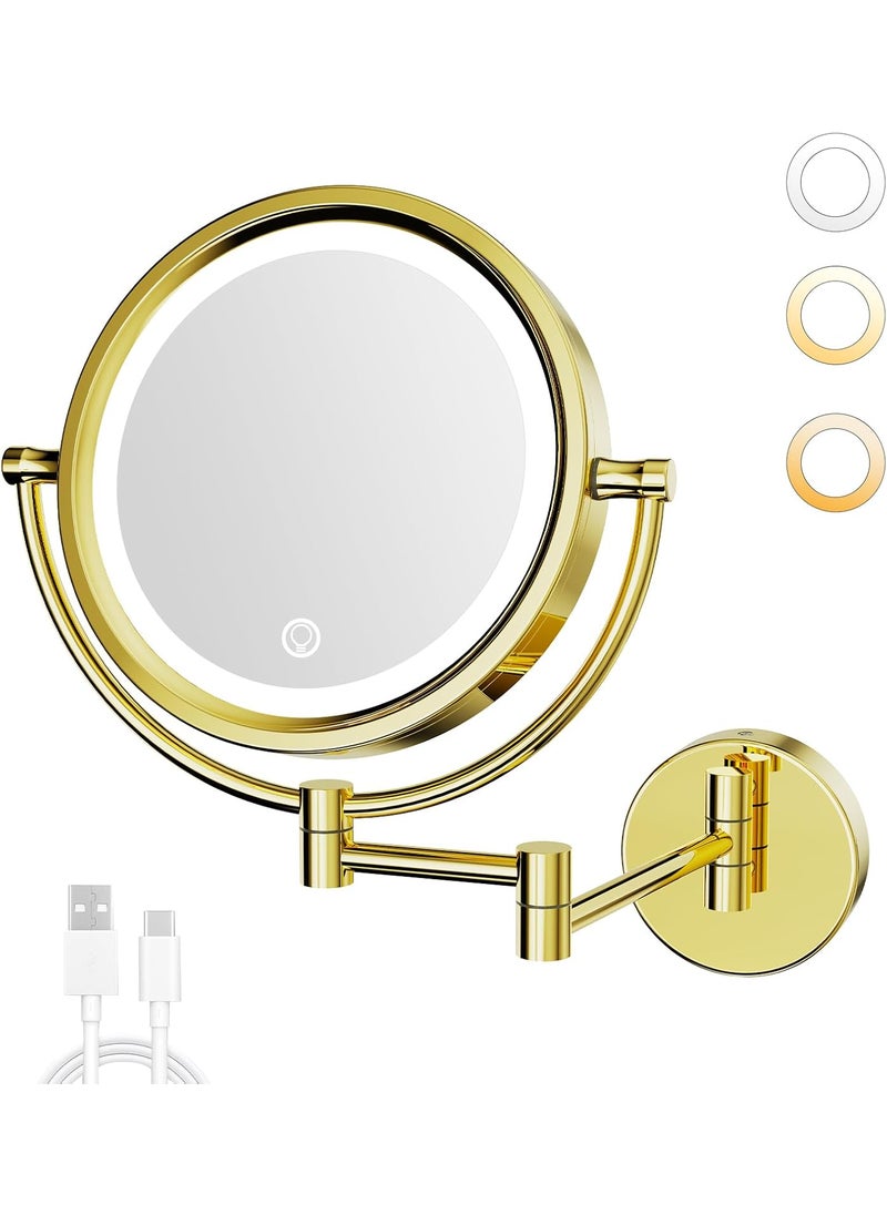 GURUN 10x Magnifying Mirror with Light Wall Mounted Makeup Mirror Dimmable 3 Color LED Beauty Mirror Touch Screen Brass Rechargeable Cosmetic Mirror with Extension Arm-Polished Gold