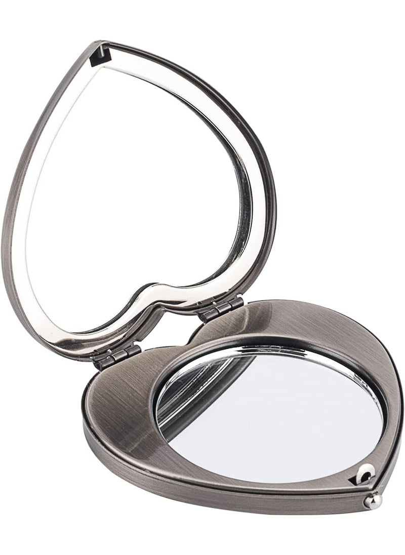 Mini Vintage Heart Elegant Metall Makeup Mirror, Portable 1X/2X Magnifier (Silver)