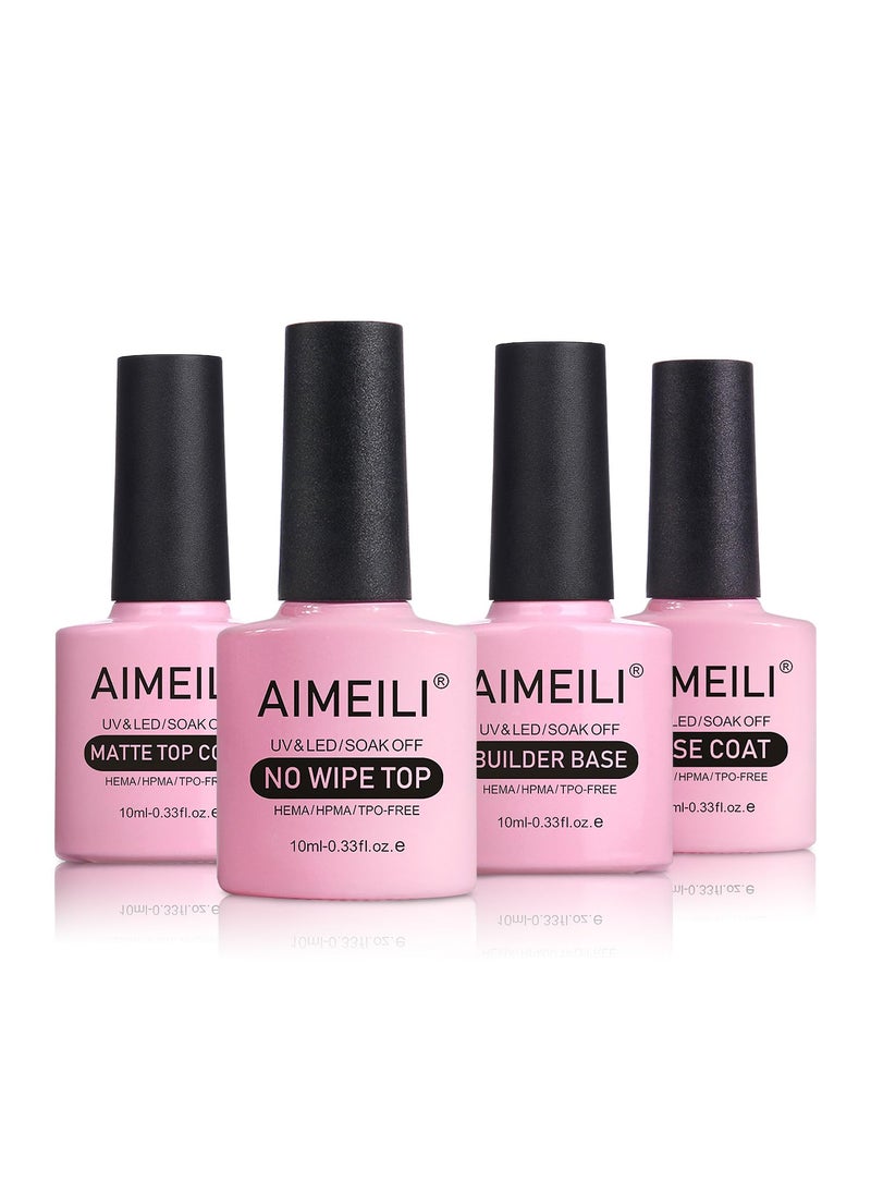 AIMEILI Hema Free Gel Nail Polish, Cruelty Free, Vegan, No Wipe Top Coat, No Wipe Matte Top Coat, Base Coat and Builder Base for Nails Gel Set