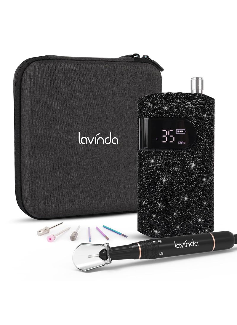 Lavinda Professional Nail Drill Machine, Electric Nail Drill Kit for Acrylic Gel Nails, 35000RPM Cordless Portable Nail Drill with Black Rhinestones, Rechargeable Nail E File Manicure Tools (Black)